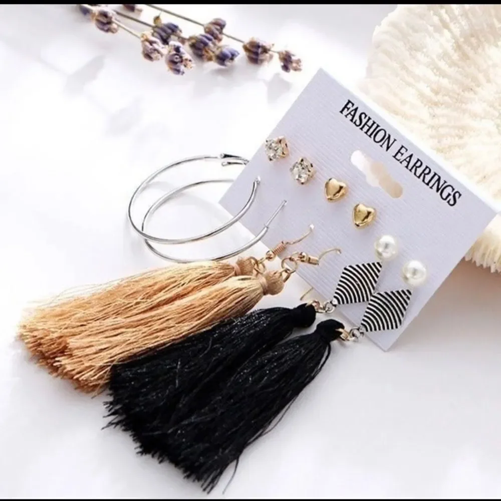 Set of 6 pair earrings, tassel, black, brown, dangle, hoop, cute, striped, pearl